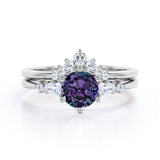 Five Stone 1.35 Carat Round Cut Lab Created Alexandrite And Diamond Tiara Style Bridal Set In White Gold