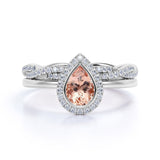Classic Pave 1.75 Carat Pear Shape Morganite and Diamond Halo Bridal Set with Infinity Band in White Gold