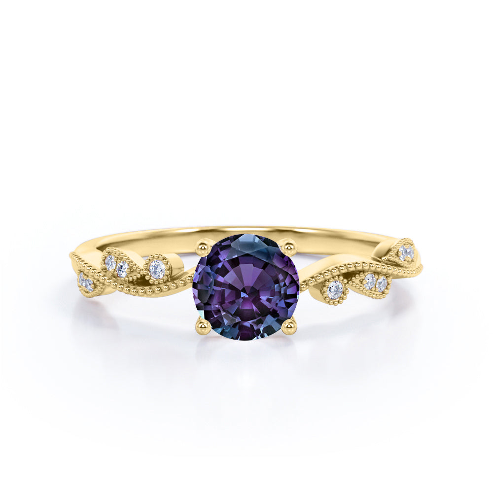 Simple Solitaire 1.25 Carat Round Cut Simulated Purple Alexandrite and Diamond Milgrain Art Deco in White Gold for Her