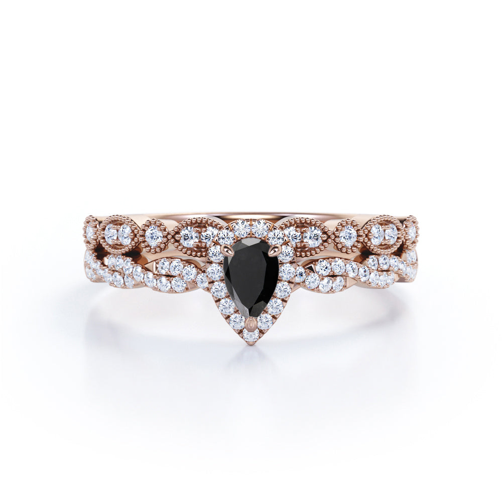 1.67 Carat Teardrop Lab Grown Black Diamond Infinity Engagement Ring With Wedding Band In White Gold