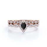 1.67 Carat Teardrop Lab Grown Black Diamond Infinity Engagement Ring With Wedding Band In White Gold