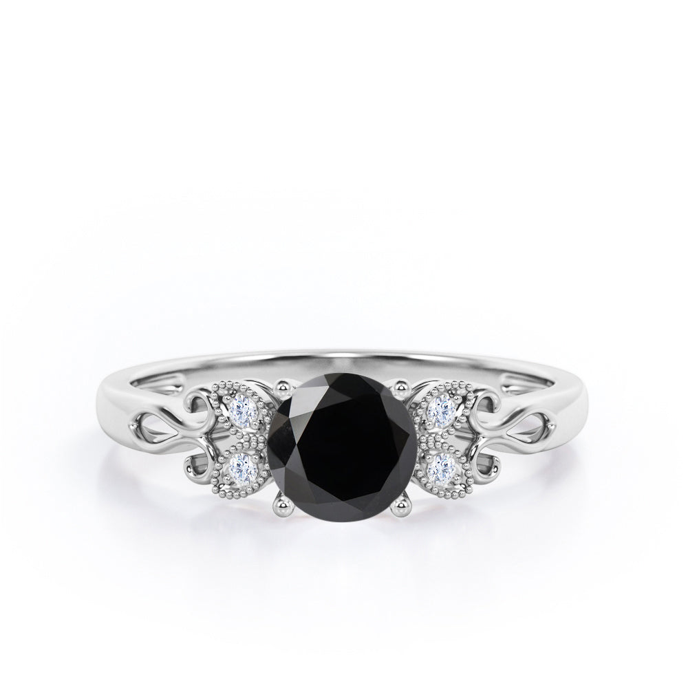 Tiny Butterfly 0.5 carat Round Black Diamond Vintage Engagement Ring in Rose Gold