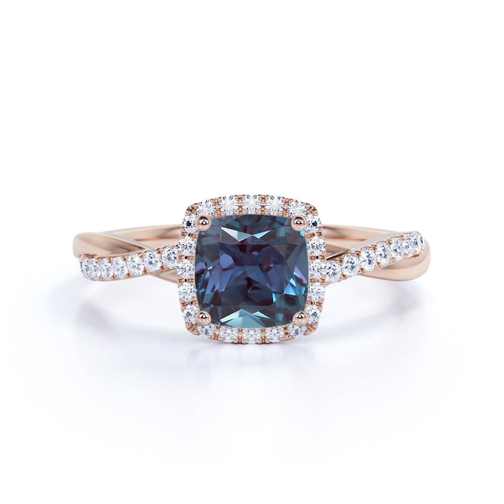 1.50 Ct Cushion Lab Alexandrite Halo Engagement Ring