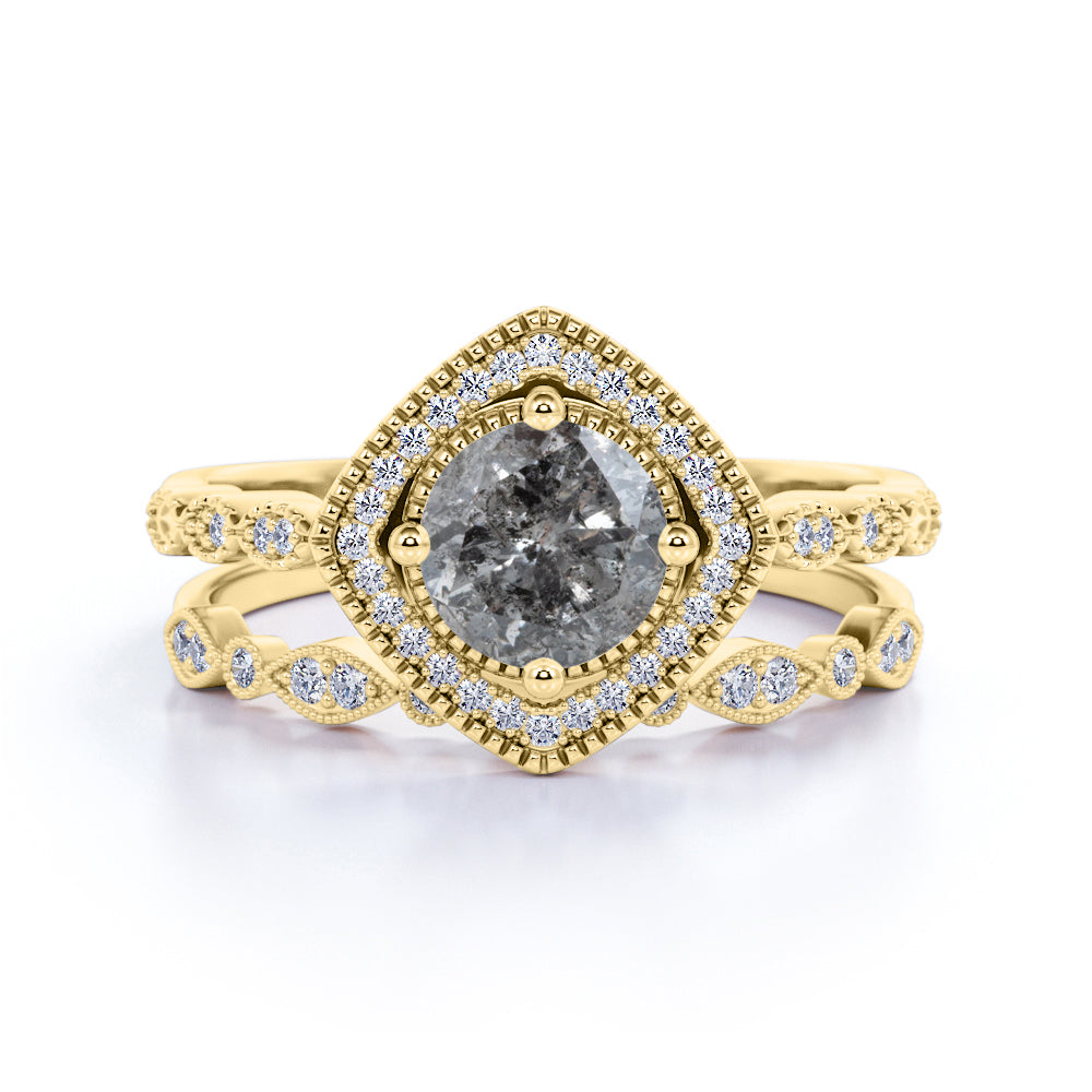 Art Deco Halo 0.8 Ct Round Cut Salt and Pepper Diamond Bridal Set