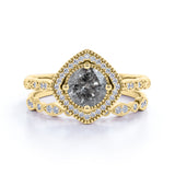 Art Deco Halo 0.8 Ct Round Cut Salt and Pepper Diamond Bridal Set