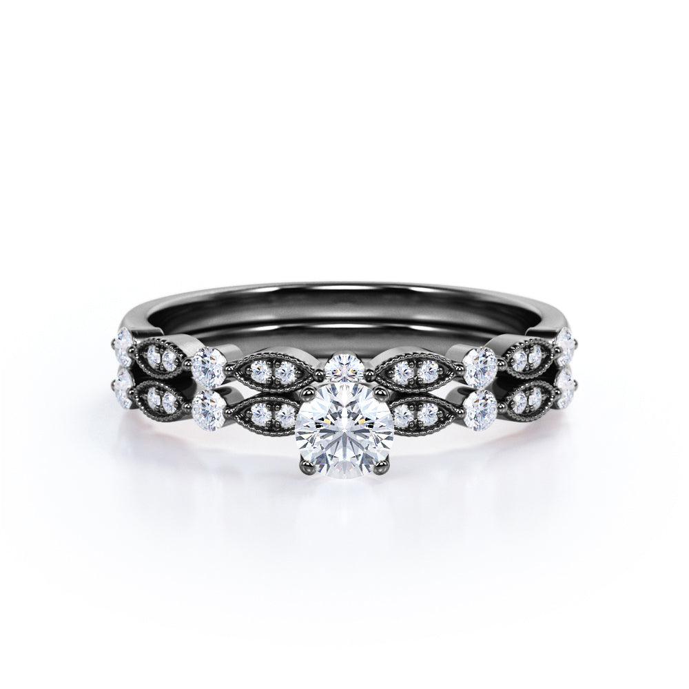 Sweet Feminine 1 carat Round Moissanite and Diamond Bridal Ring Set in White Gold