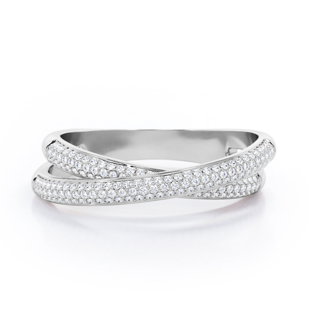 Crossover Double-Strand 0.25 TCW Round Shape Diamond Micro Pave Stackable Ring in 10K White Gold