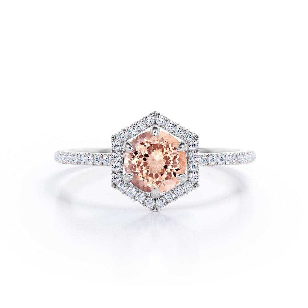Elegant Hexagon Style 1.75 Carat Round Orange Peach Morganite and Diamond Engagement Ring in Rose Gold