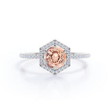 Elegant Hexagon Style 1.75 Carat Round Orange Peach Morganite and Diamond Engagement Ring in Rose Gold