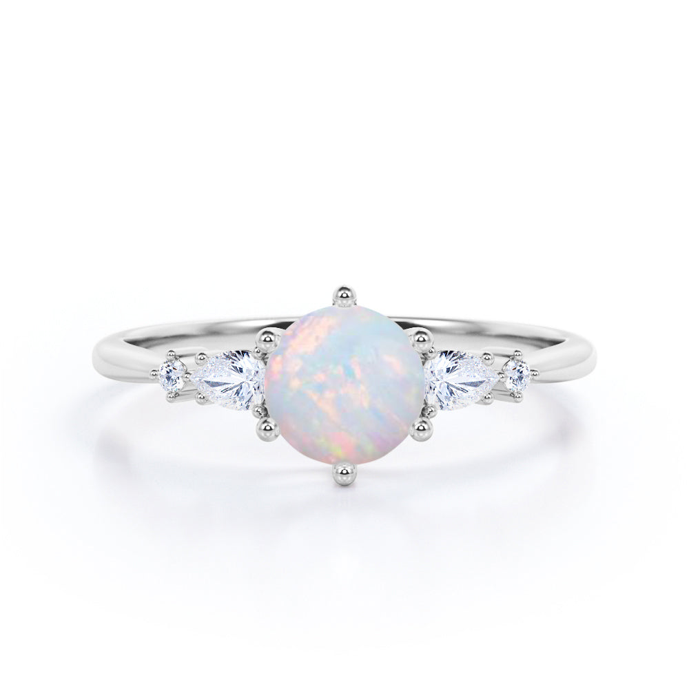 Tapered Six Prong 1.20 Carat Brilliant Round Cut Fiery Opal And Diamond Five Stone Engagement Ring In Rose Gold