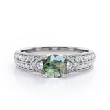 Antique 4 Prong 1.50 Carat Round Cut Green Moss Agate And Diamond Vintage Milgrain Layered Engagement Ring In Black Gold