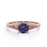 Flower Design 1 Carat Round Cut Lab Created Alexandrite Antique Milgrain Art Deco Engagement Ring In White Gold For Her