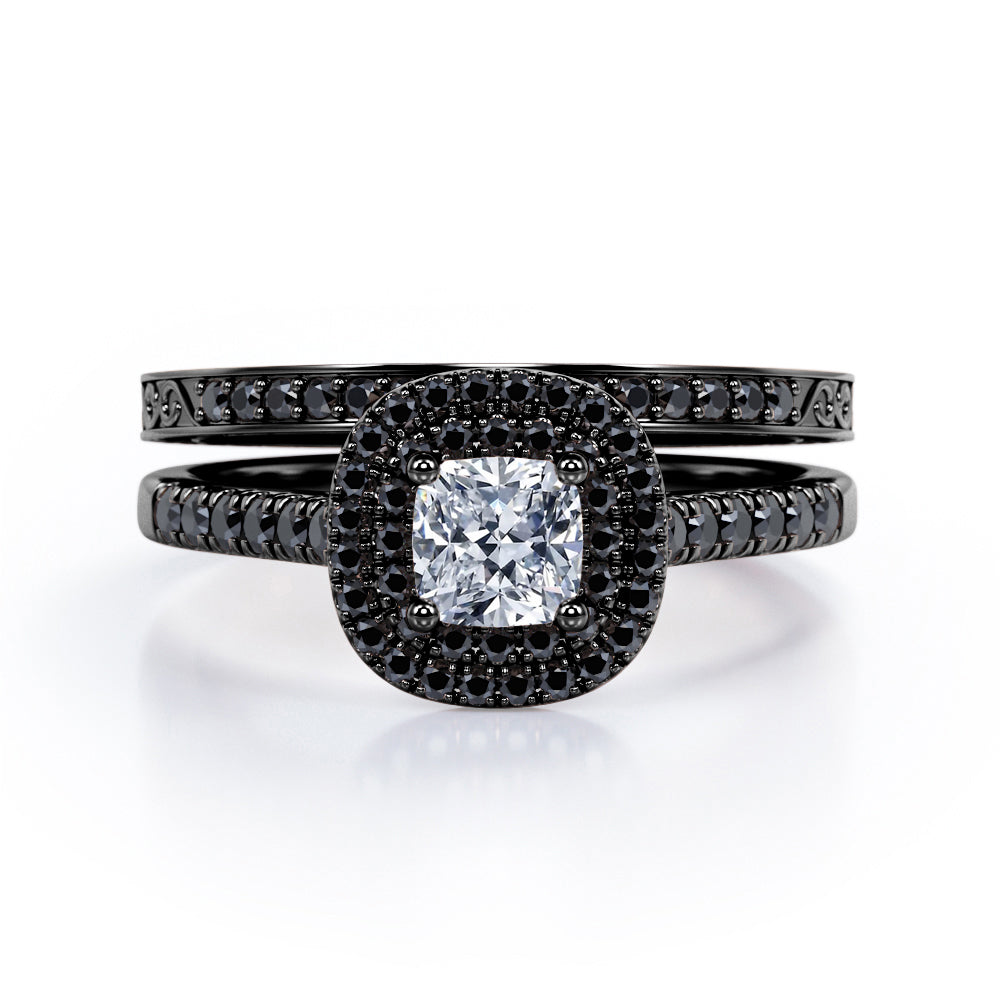Filigree Scalloped Pave 1.65 TCW Princess Cut Moissanite with Lab Created Black Diamond Double Halo Style Wedding Ring Set in White Gold