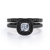 Filigree Scalloped Pave 1.65 TCW Princess Cut Moissanite with Lab Created Black Diamond Double Halo Style Wedding Ring Set in White Gold
