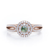 Double Halo Cluster 1.8 Carat Round-Shaped Green Moss Agate and diamond Split-Shaked Milgrain Pave Engagement Ring in Rose Gold