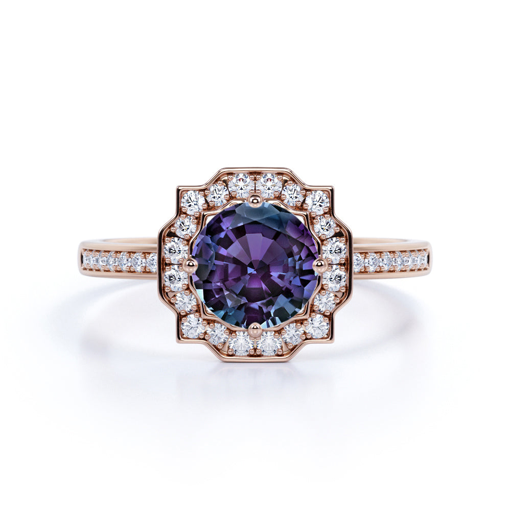 Antique Floral Bezel Set 1.50 Carat Round Cut Created Alexandrite and Diamond Channel Set Rings Engagement Ring