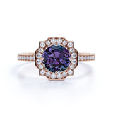 Antique Floral Bezel Set 1.50 Carat Round Cut Created Alexandrite and Diamond Channel Set Rings Engagement Ring