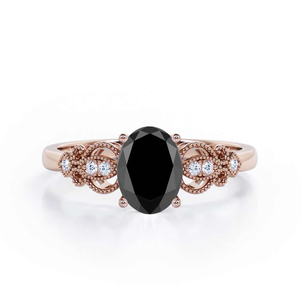 Swirly 1 carat Oval Black Diamond Antique Engagement Ring in Black Gold