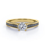 1.4 TCW Round Shape Moissanite with Lab Created Black Diamond - Pave and Channel - Cathedral Engagement Ring in White Gold