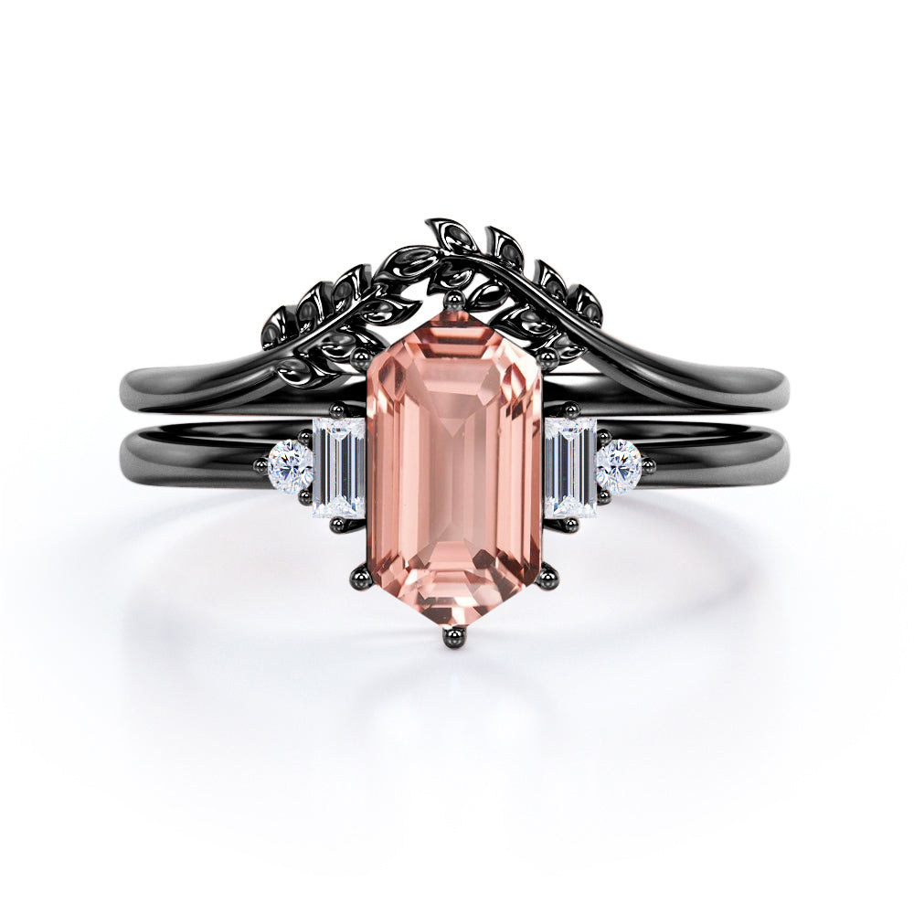 Natured Inspired 0.55 carat Hexagon Morganite and Morganite Bridal Ring Set in Rose Gold - Special Gift