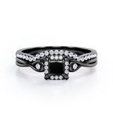 0.69 ct Princess Lab Black Diamond Cushion Halo Bridal Set