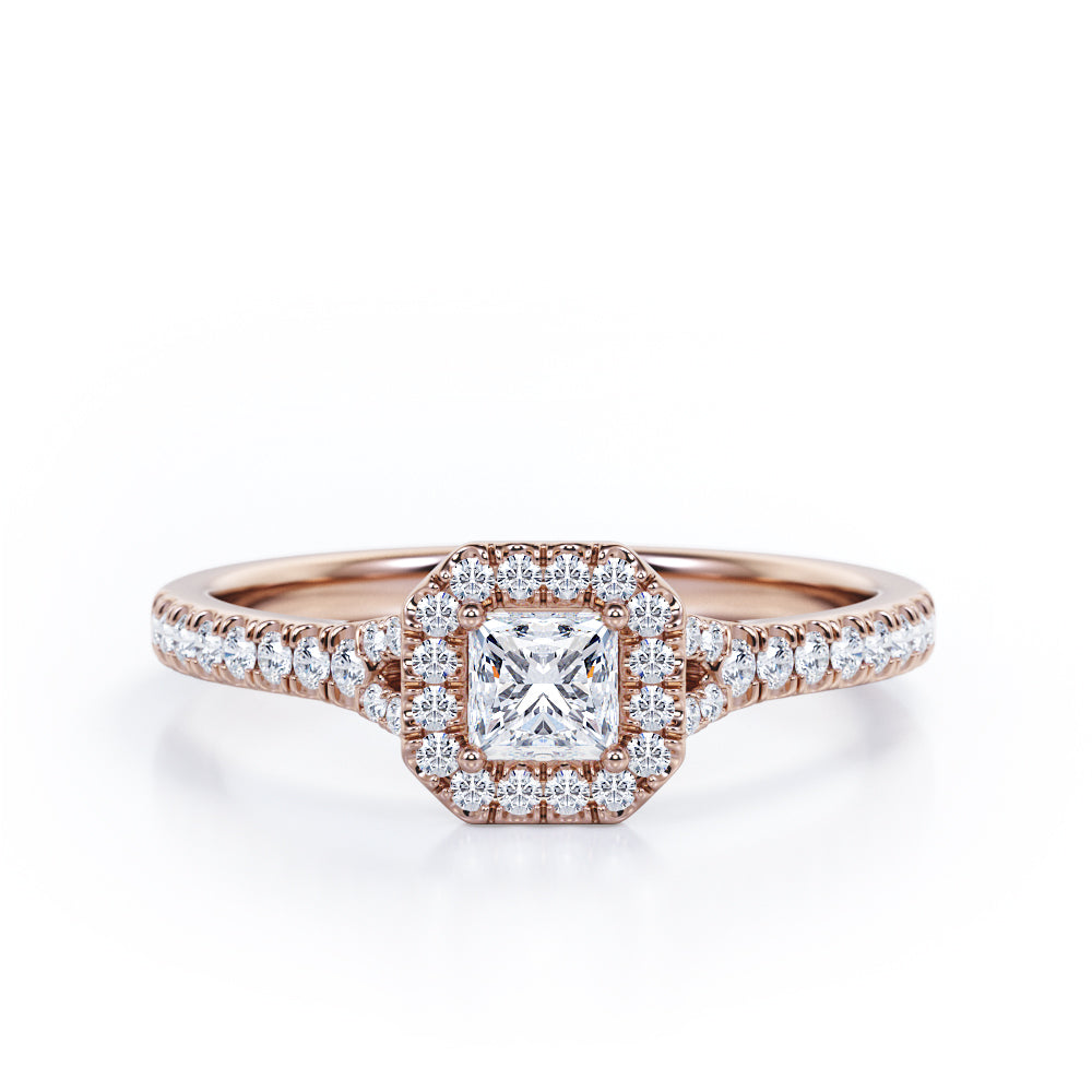 Four-Prong Octagon Halo Design - 0.5 TCW Princess Cut Diamond - Split Shank Pave Engagement Ring - 10K Rose Gold