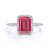 Handmade Pave Set 1.50 Carat Emerald Cut Lab Ruby and Diamond Engagement Ring in White Gold