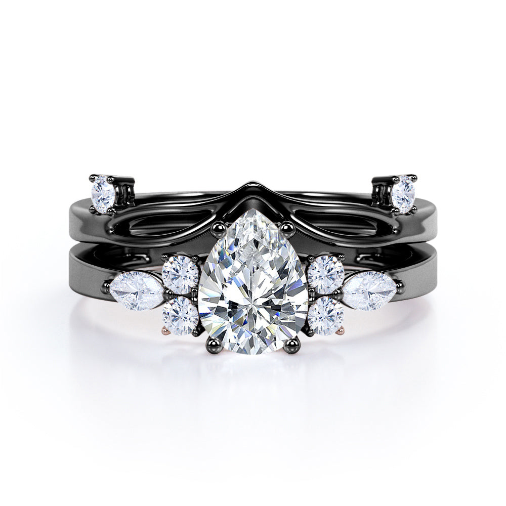 Posh Art Deco Design 0.6 carat Pear Moissanite and Diamond Wedding Set in Rose Gold