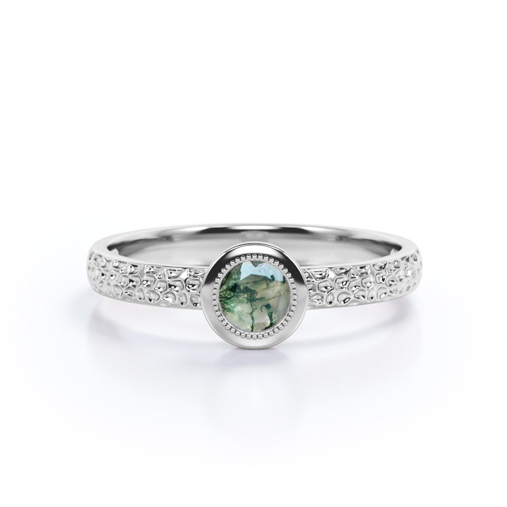 Timeless Filigree 0.5 Carat Round Cut Natural Dendritic Mossy Green Agate Bezel Set Engagement Ring