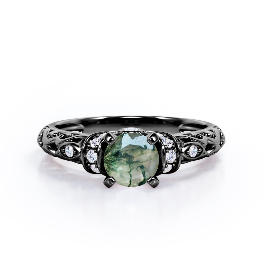 Unique Four Prong 1.15 Carat Round Cut Green Moss Agate And Diamond Art Deco Engagement Ring In White Gold