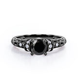 Classic Four Prong 1.15 Carat Round Cut Black Diamond Art Deco Engagement Ring In Black Gold