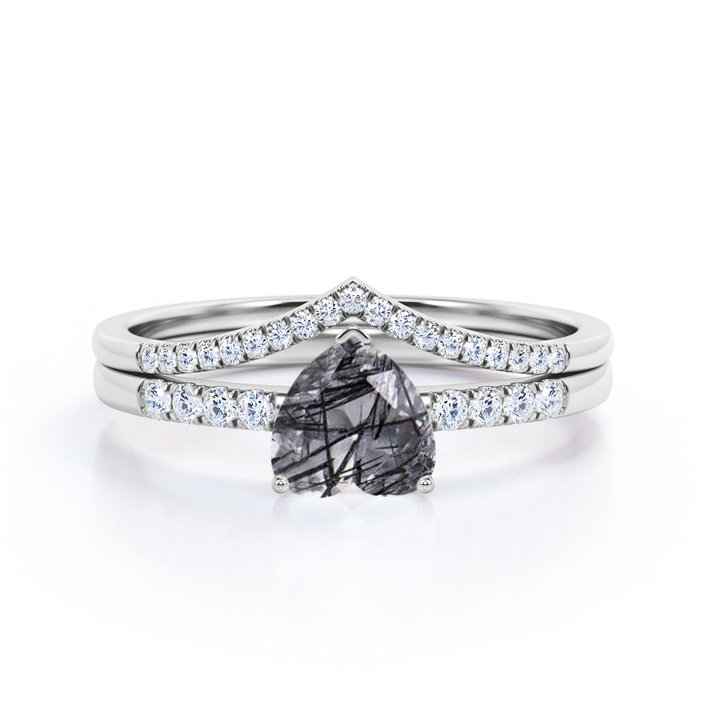 Pave 1.35 Carat Heart Shaped Natural Black Rutilated Quartz And Diamond V Shaped Wedding Ring Set In Rose Gold