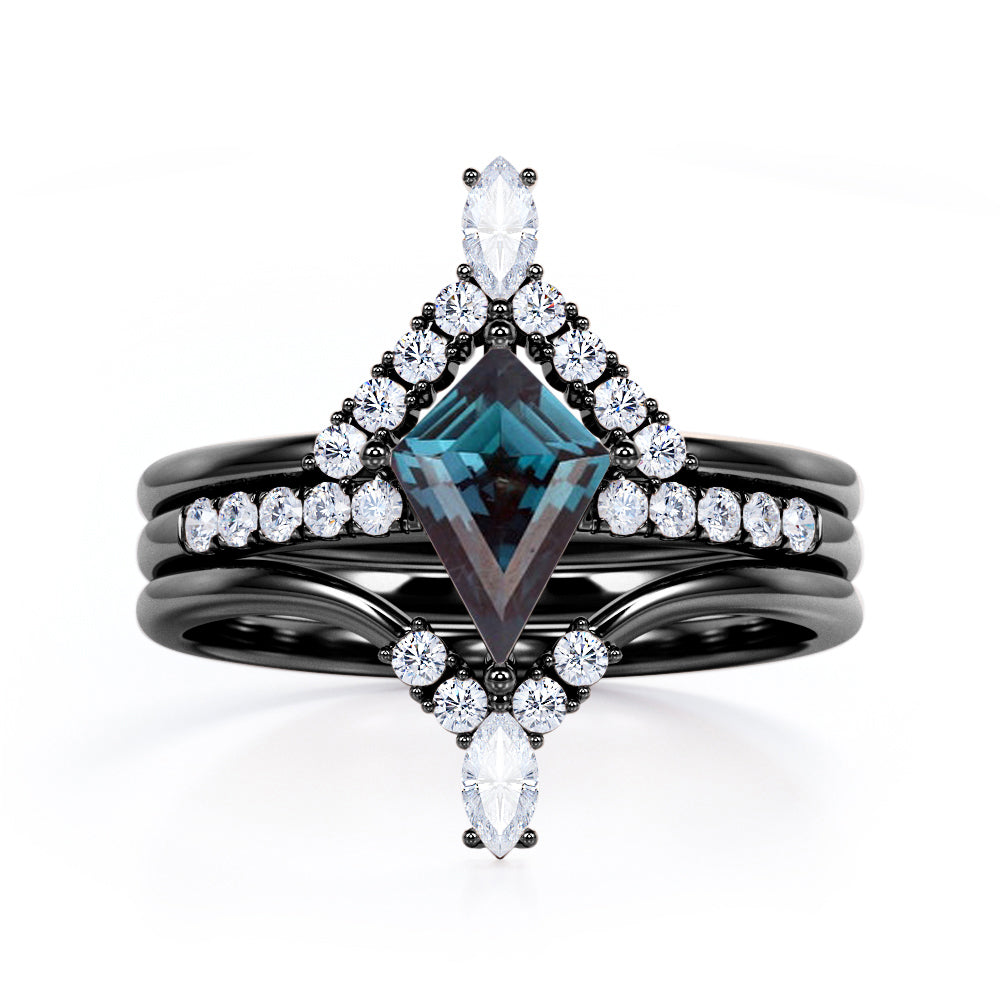 Pave Set 1.25 Carat Kite Shaped Lab Created Alexandrite And Diamond Trio Set In White Gold