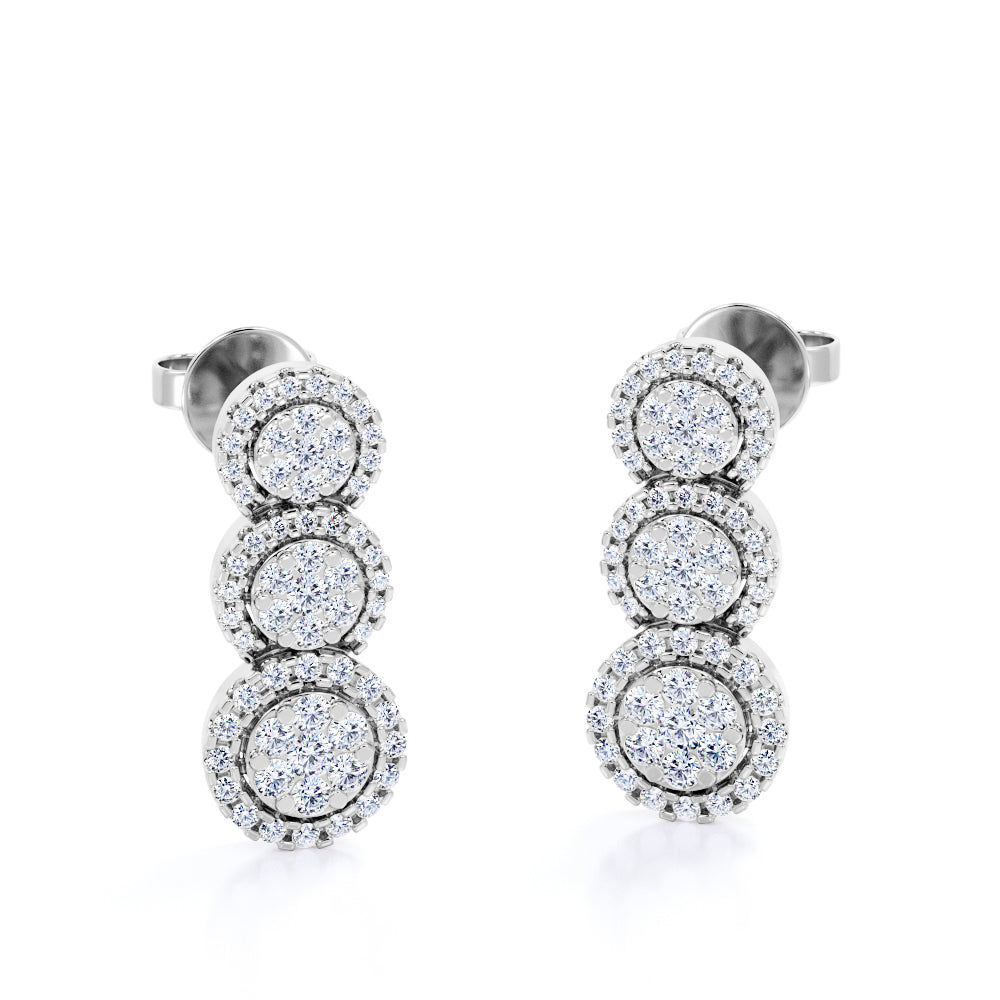 Trilogy 0.45 Carat Round Cut Moissanite Graduated Stones Halo Layer Drop Earrings In Rose Gold