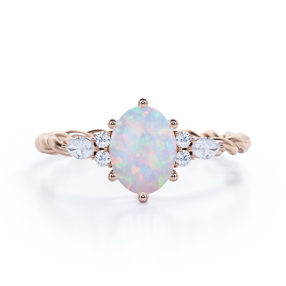 Unique Six Prong 1.35 Carat Oval Cut Ethiopian Opal And Diamond Seven Stone Rolled Engagement Ring In White Gold