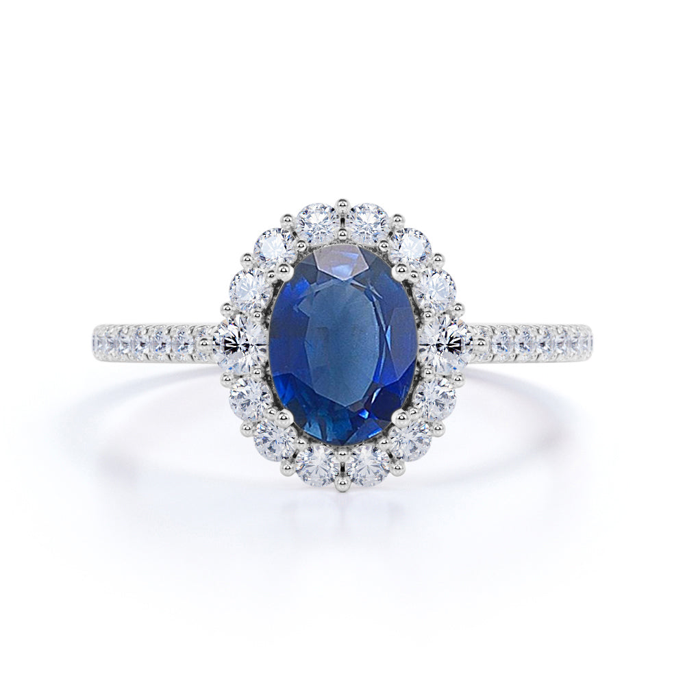 Elegant Floral Cluster 1.50 Carat Oval Cut Lab-Created Sapphire and Diamond Halo Engagement Ring in White Gold