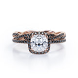 Eternity Crossover - 1.75 TCW Cushion Cut Moissanite with Lab Created Black Diamond - Halo Pave Setting Wedding Set in White Gold