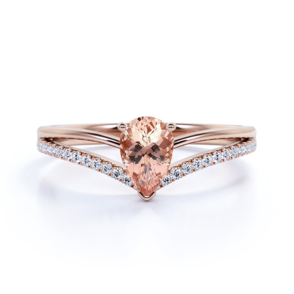 Contoured 1.50 Carat Teardrop Orange Pink Morganite and Split Shank Diamond Engagement Ring in White Gold