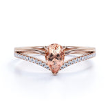 Contoured 1.50 Carat Teardrop Orange Pink Morganite and Split Shank Diamond Engagement Ring in White Gold