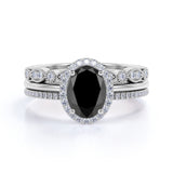 Artdeco 1.75 Carat Oval cut Lab Black Diamond Trio Wedding Bridal Ring Set White Gold