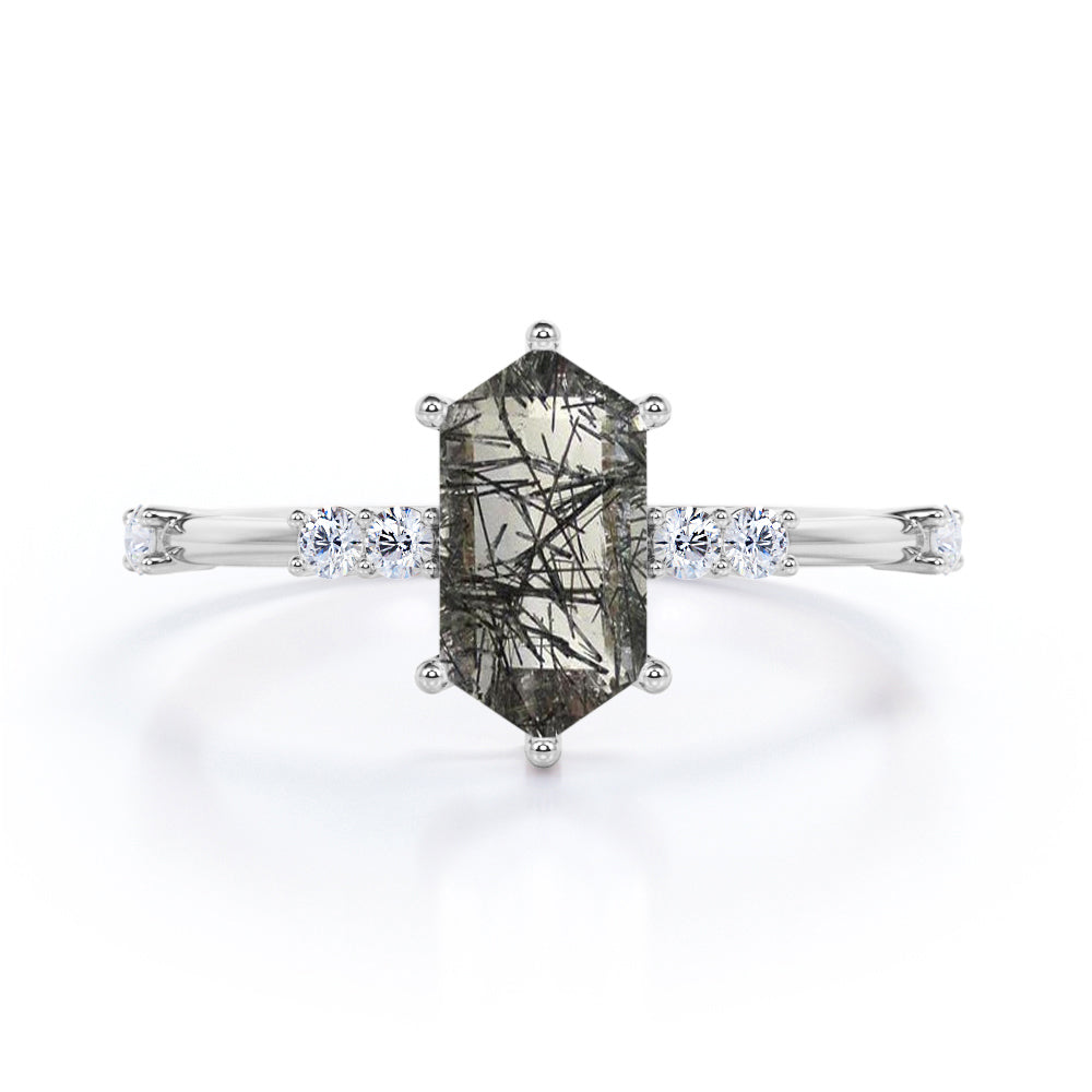 Asymmetric Six Prong 1.10 Carat Hexagon Cut Natural Black Rutilated Quartz And Diamond Seven Stone Engagement Ring In Black Gold