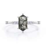 Asymmetric Six Prong 1.10 Carat Hexagon Cut Natural Black Rutilated Quartz And Diamond Seven Stone Engagement Ring In Black Gold