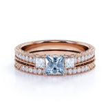 Three Stone 1.50 ct Princess Aquamarine Pave Wedding Set