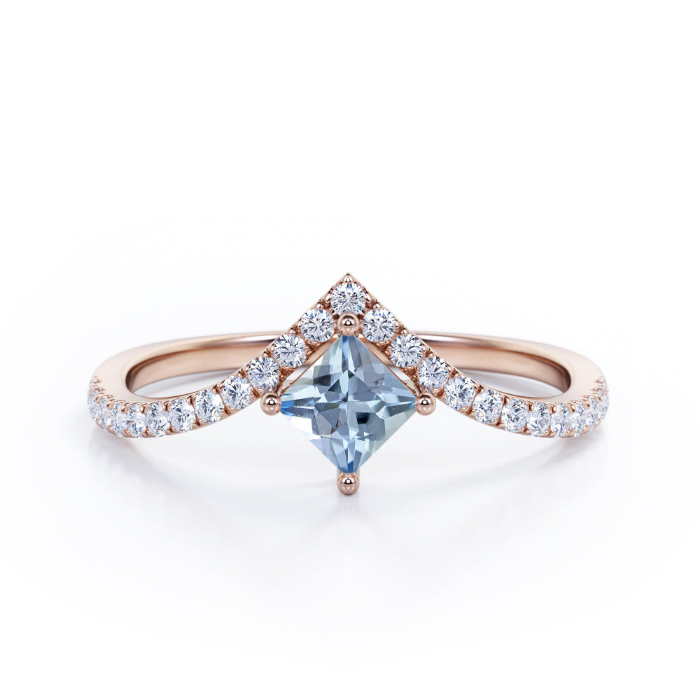 Chevron 1.25 Carat Princess Cut Aquamarine And Diamond Four Prong Pave Set Engagement Ring In White Gold