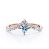 Chevron 1.25 Carat Princess Cut Aquamarine And Diamond Four Prong Pave Set Engagement Ring In White Gold