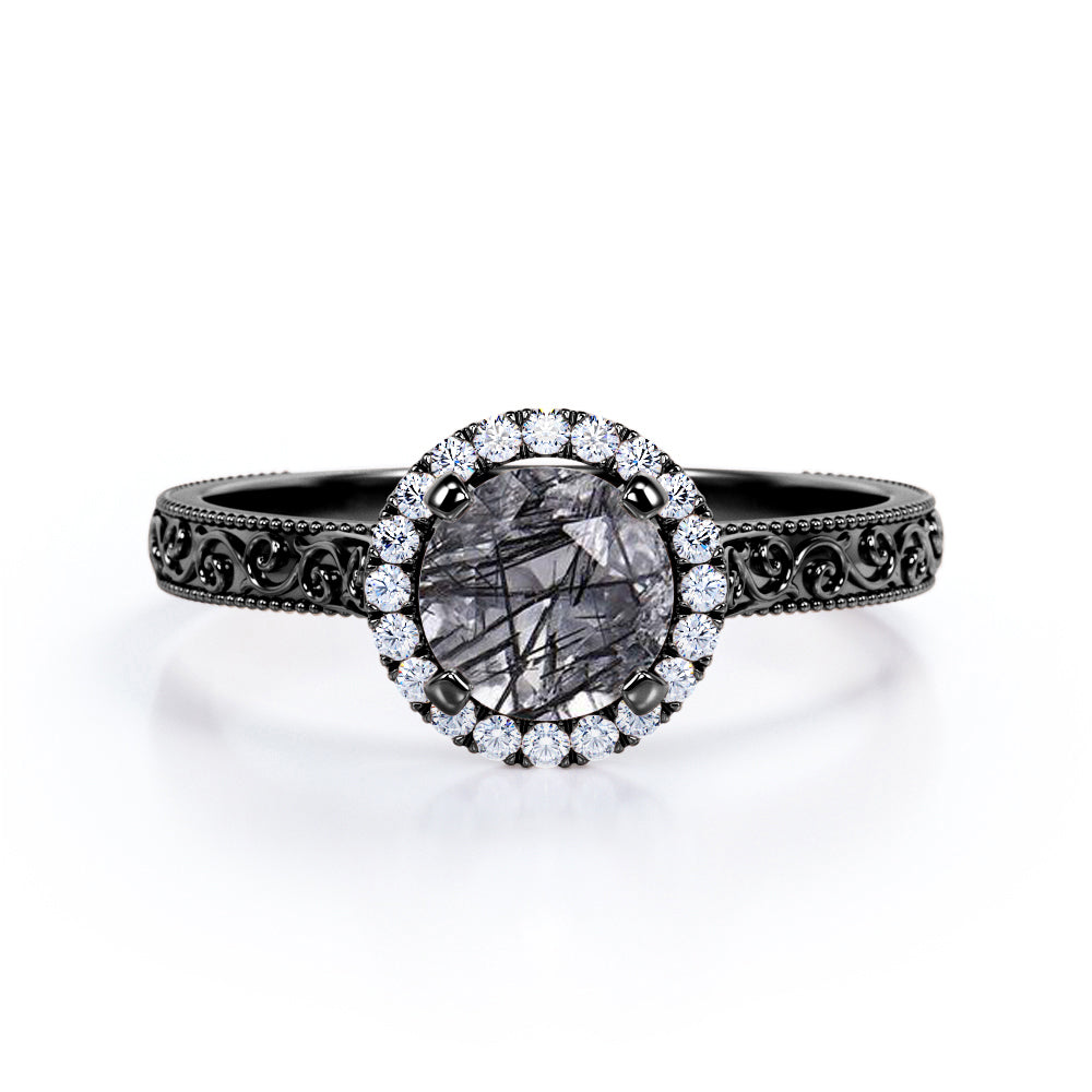 Modern Art Deco 1.25 Carat Round Cut Genuine Black Rutilated Quartz And Diamond Halo Engagement Ring In White Gold