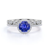 Timeless Classic Design 2 Carat Round Cut Sapphire and Diamond Halo Wedding Set with Art Deco Band in White Gold