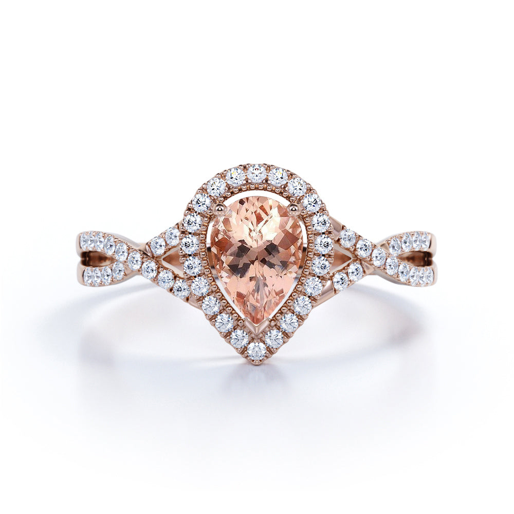 Pave 1.75 Carat Pear Cut Peach Morganite and Diamond Vintage Engagement Ring in White Gold