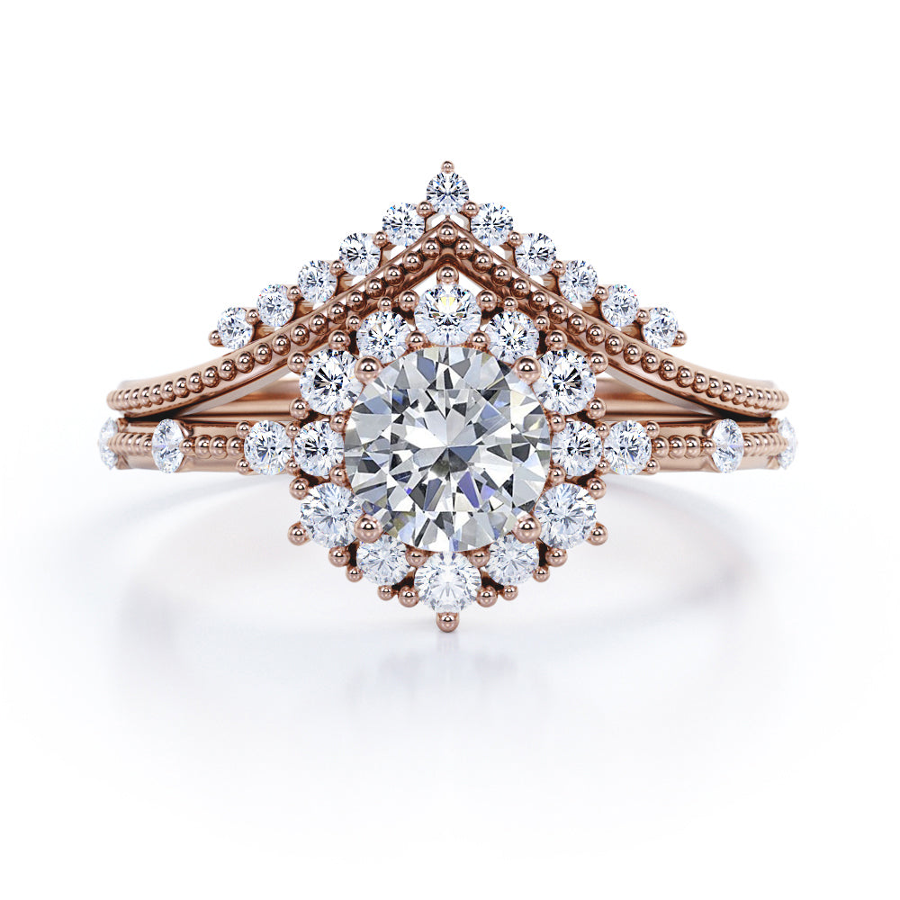 Vintage 0.8 Carat Round Moissanite Beaded Bridal Set