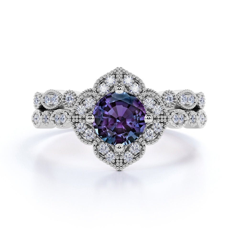 1.50 Ct Round Lab Alexandrite Floral Bridal Set